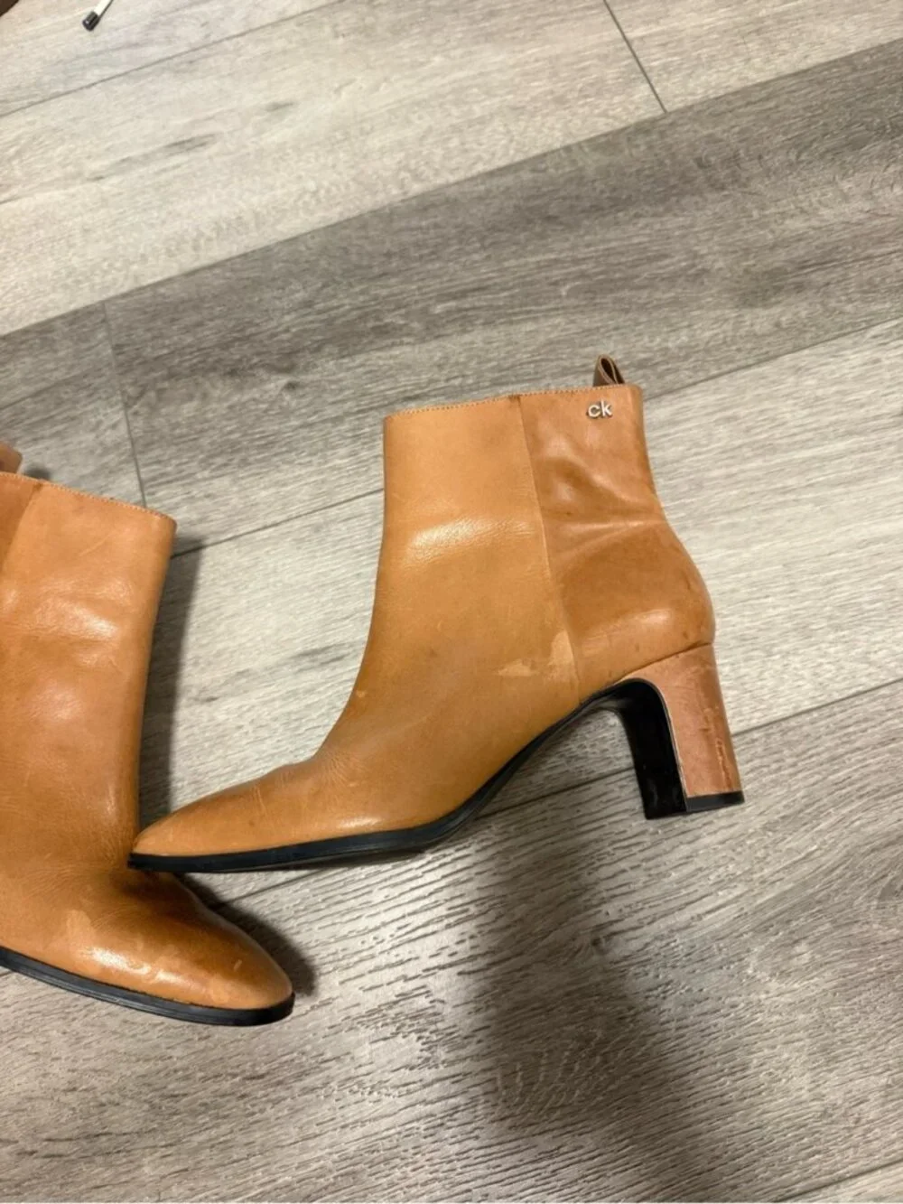 Calvin Klein Cognac Leather Ankle Booties with Block Heel size 10